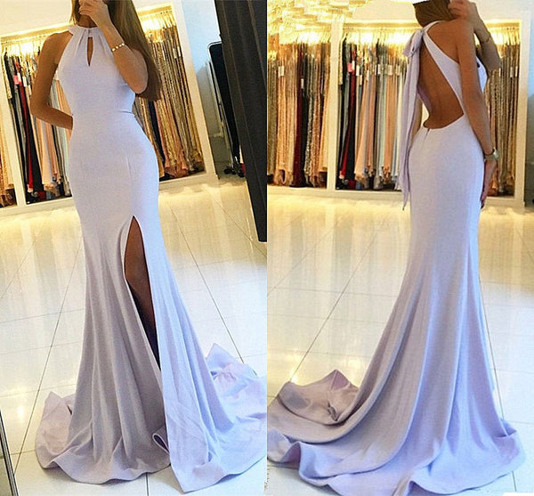 Halter Sexy Backless White Prom Dress Chiffon Long With Slipt-showprettydress