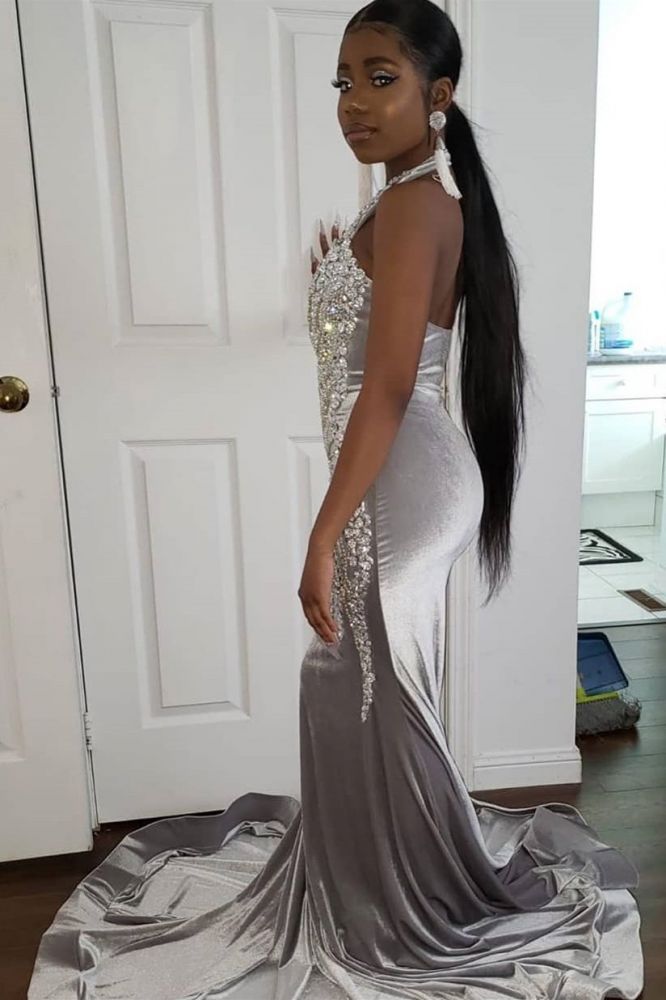 Halter Sparkle Crystal Sliver Prom Dresses Fit and Flare Alluring Backless Evening Gowns-showprettydress