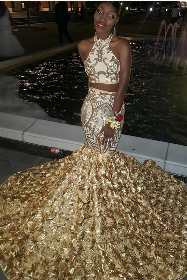 Halter Two-piece Golden Appliques Mermaid 3D-floral Train Prom Dresses-showprettydress