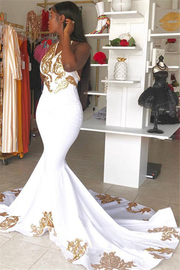 Halter V-Neck Sleeveless Gold Appliques Prom Party Gowns-showprettydress