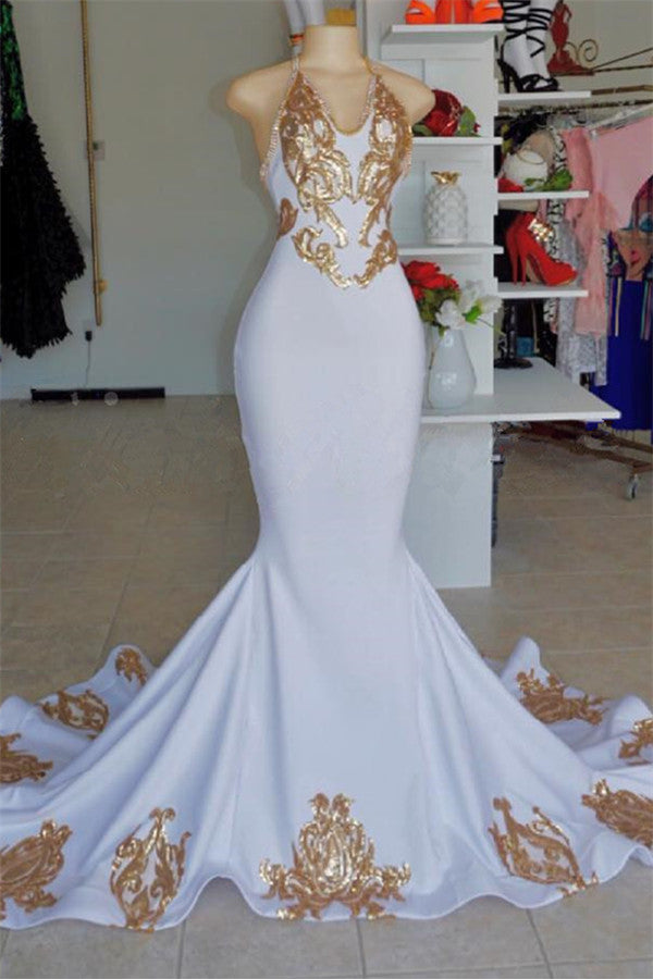 Halter V-Neck Sleeveless Gold Appliques Prom Party Gowns-showprettydress