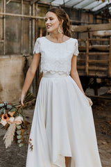 High Low Two Piece Satin Lace Wedding Dress with Sleeves-showprettydress