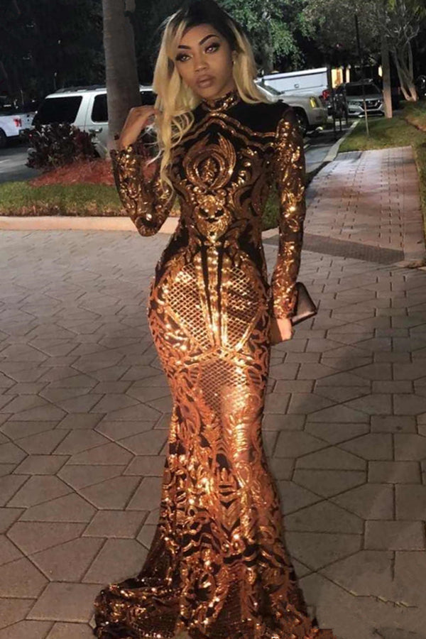 High Neck Golden Appliques Mermaid Long Sleevess Prom Dresses-showprettydress