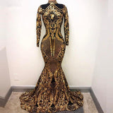 High Neck Golden Appliques Mermaid Long Sleevess Prom Dresses-showprettydress