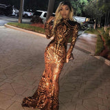 High Neck Golden Appliques Mermaid Long Sleevess Prom Dresses-showprettydress