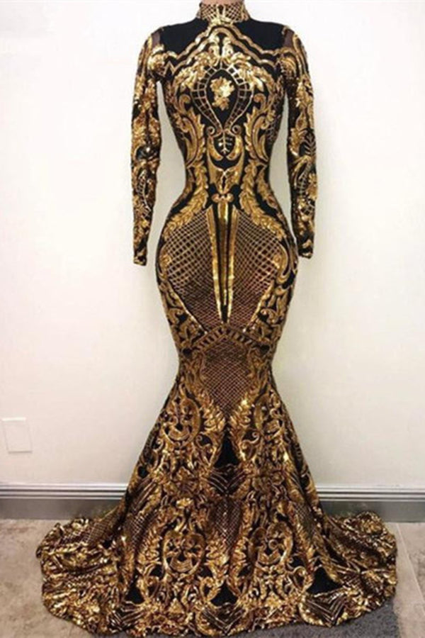 High Neck Golden Appliques Mermaid Long Sleevess Prom Dresses-showprettydress