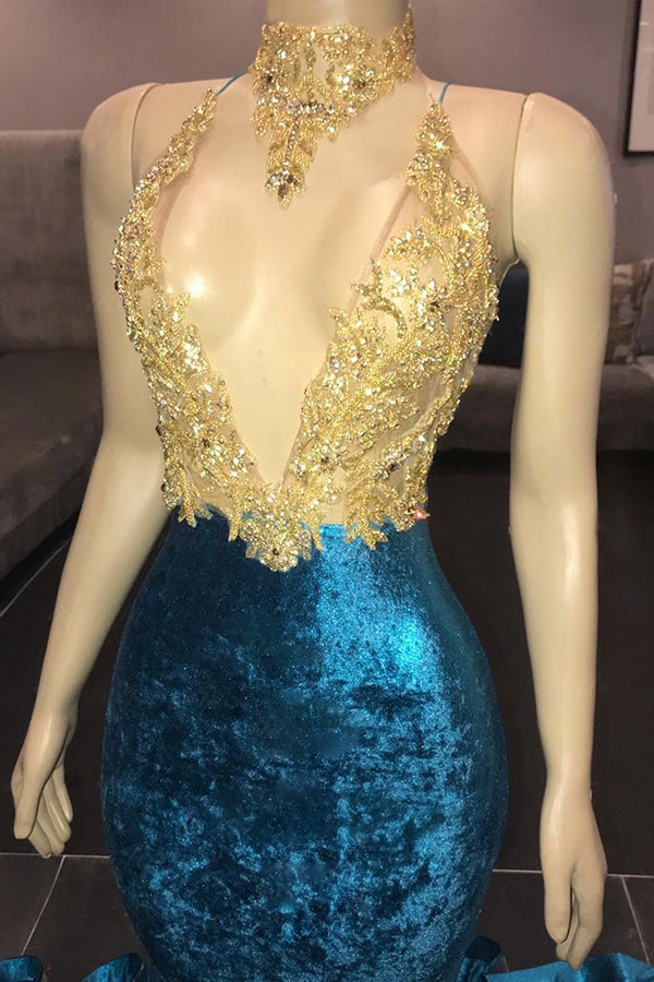 High Neck Illusion Neckline Sleeveless Long Train Appliques Mermaid Prom Gowns-showprettydress