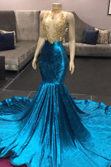 High Neck Illusion Neckline Sleeveless Long Train Appliques Mermaid Prom Gowns-showprettydress