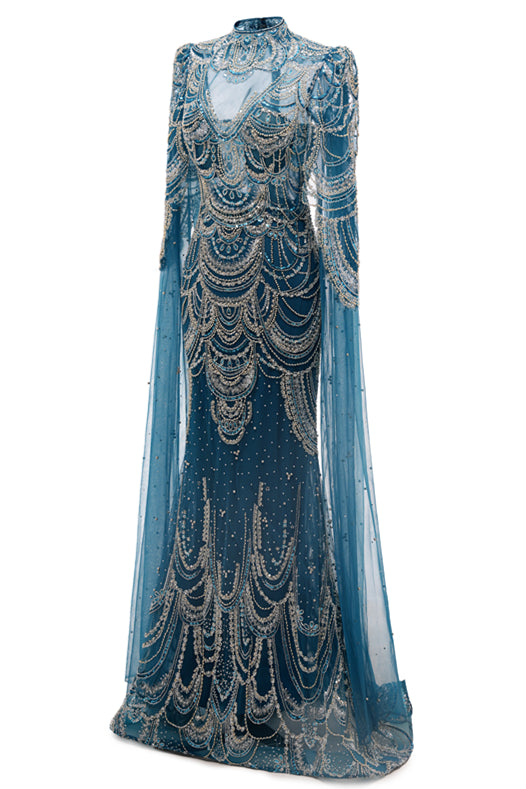 High neck Ink Blue Long sleeves Beaded Mermaid Evening Dresses-showprettydress