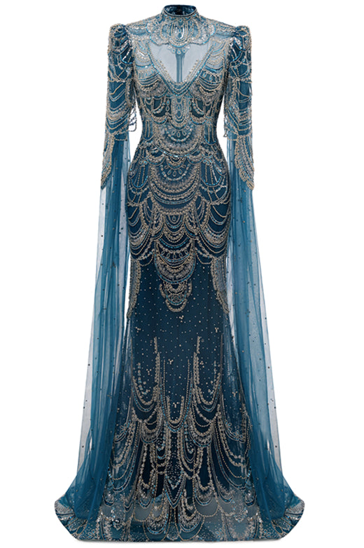 High neck Ink Blue Long sleeves Beaded Mermaid Evening Dresses-showprettydress