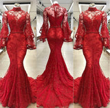 High Neck Long Sleevess Mermaid Beading Applique Chapel Train Prom Party Gowns-showprettydress