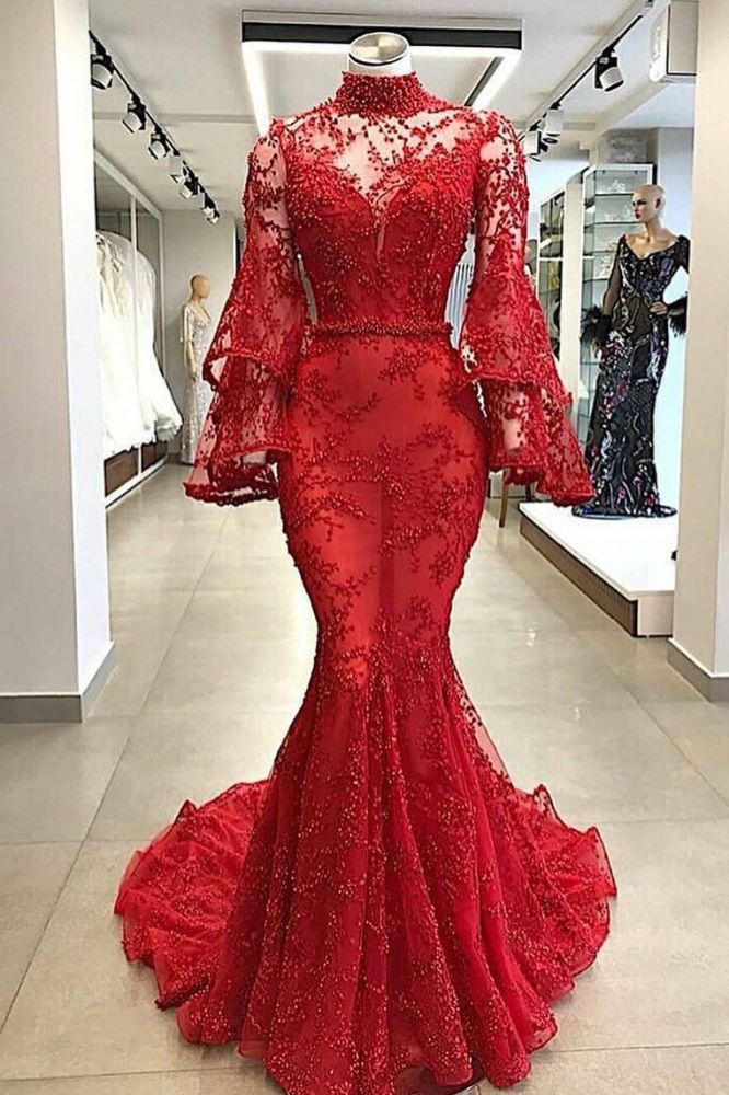 High Neck Long Sleevess Mermaid Beading Applique Chapel Train Prom Party Gowns-showprettydress