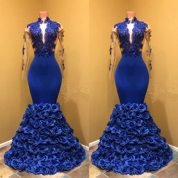 High Neck Mermaid Prom Dress, Flowers Prom Party Gowns-showprettydress