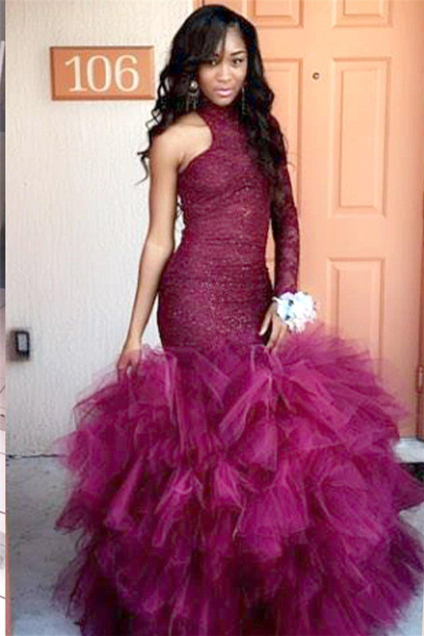 High-Neck One-Sleeve Sheath Lace Puffy Tulle Specail Latest Prom Party Gowns-showprettydress