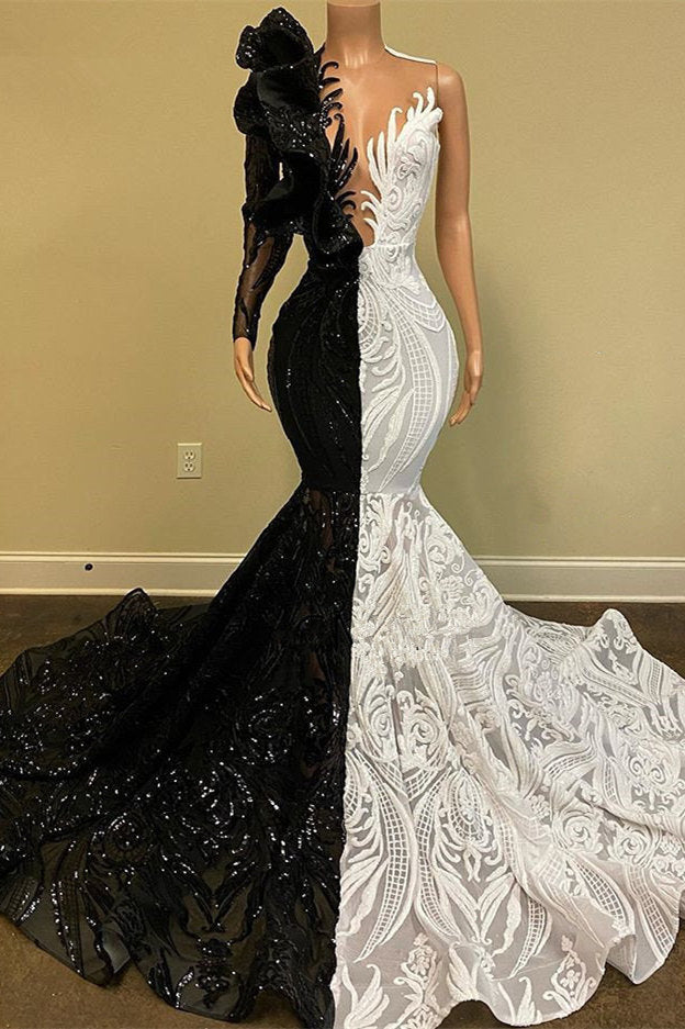 Hot Half Black Half White One shoulder Long Sleeves Mermaid Prom Dresses-showprettydress