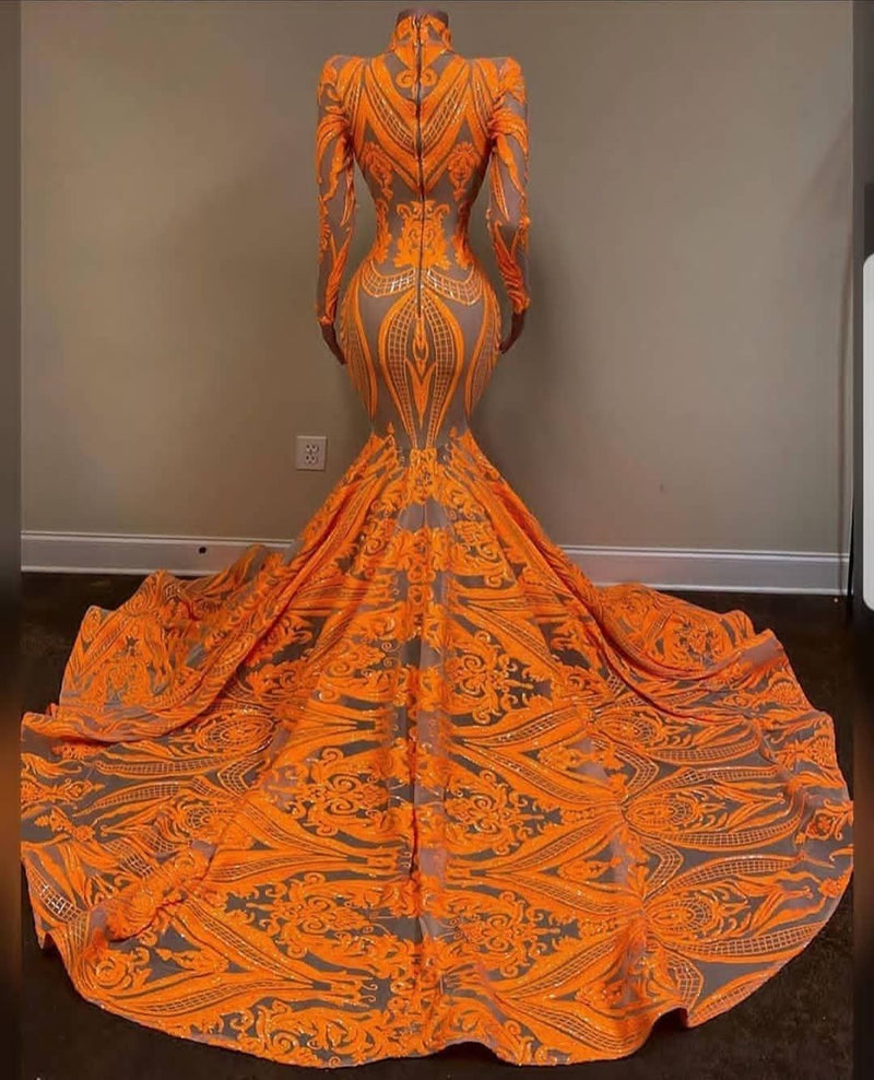 Hot Orange High neck Long Sleeves Mermaid Sequin Prom Dresses-showprettydress