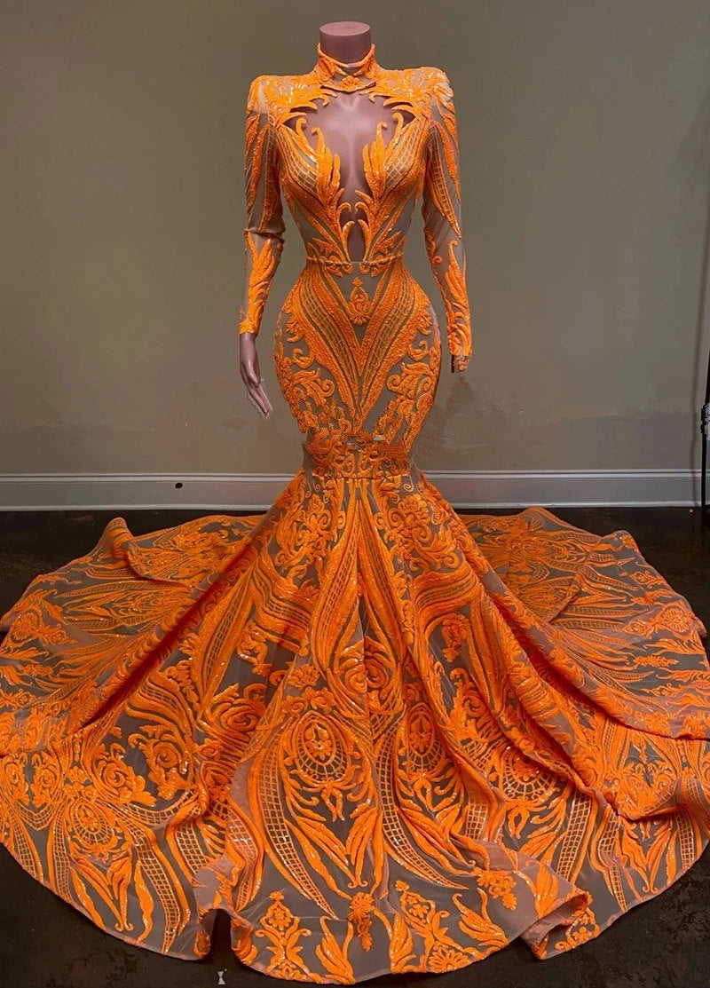 Hot Orange High neck Long Sleeves Mermaid Sequin Prom Dresses-showprettydress