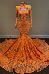 Hot Orange High neck Long Sleeves Mermaid Sequin Prom Dresses-showprettydress