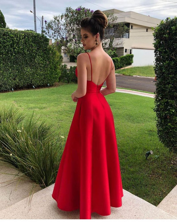 Hot Sleeveless Red Deep V-neck A-line Backless Prom Party Gowns on Sale-showprettydress