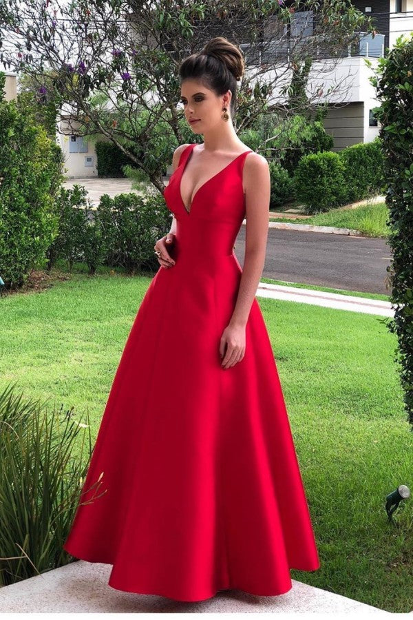 Hot Sleeveless Red Deep V-neck A-line Backless Prom Party Gowns on Sale-showprettydress