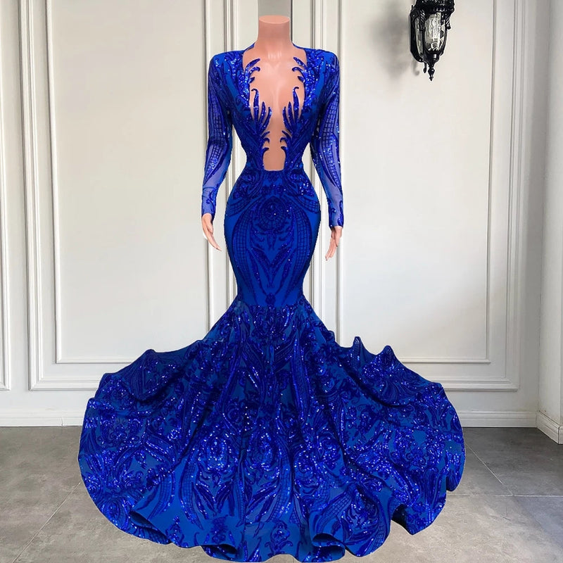 Hot Sparkle Royal Blue Long Mermaid V-neck Prom Dress with Sleeves-showprettydress