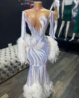 Illusion neck Long Sleeves Luxurious Fur Sequin Mermaid Prom Party Gowns-showprettydress