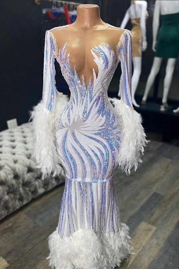 Illusion neck Long Sleeves Luxurious Fur Sequin Mermaid Prom Party Gowns-showprettydress