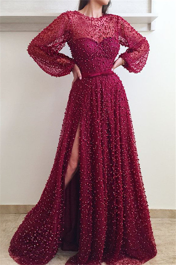 Illusion neck Scarlet Long Sleevess Side Slit Evening Dresses Flare sleeves Princess Beaded Prom Dresses with Bow-showprettydress