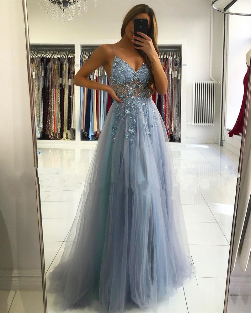 Illusion neck Storm Blue V-neck Tulle See-through Evening Dress-showprettydress