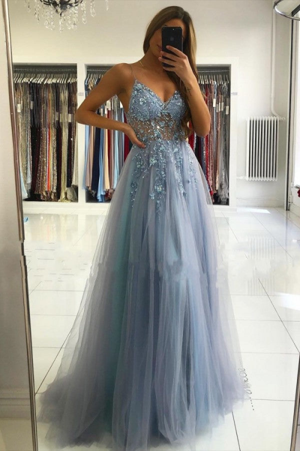 Illusion neck Storm Blue V-neck Tulle See-through Evening Dress-showprettydress