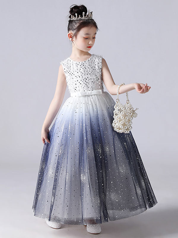 Ink Blue Jewel Neck Sleeveless Sequins Kids Social Party Dresses Princess Dress-showprettydress