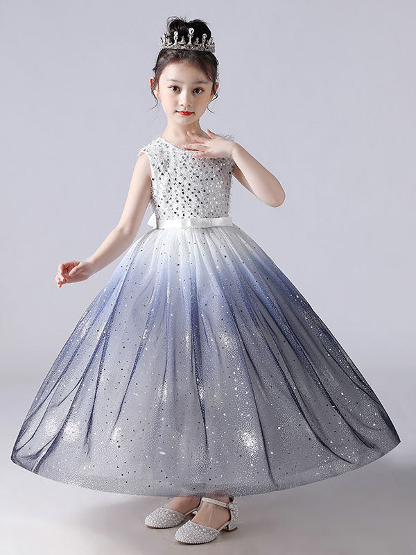 Ink Blue Jewel Neck Sleeveless Sequins Kids Social Party Dresses Princess Dress-showprettydress