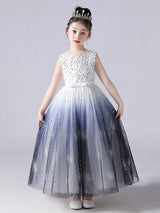 Ink Blue Jewel Neck Sleeveless Sequins Kids Social Party Dresses Princess Dress-showprettydress