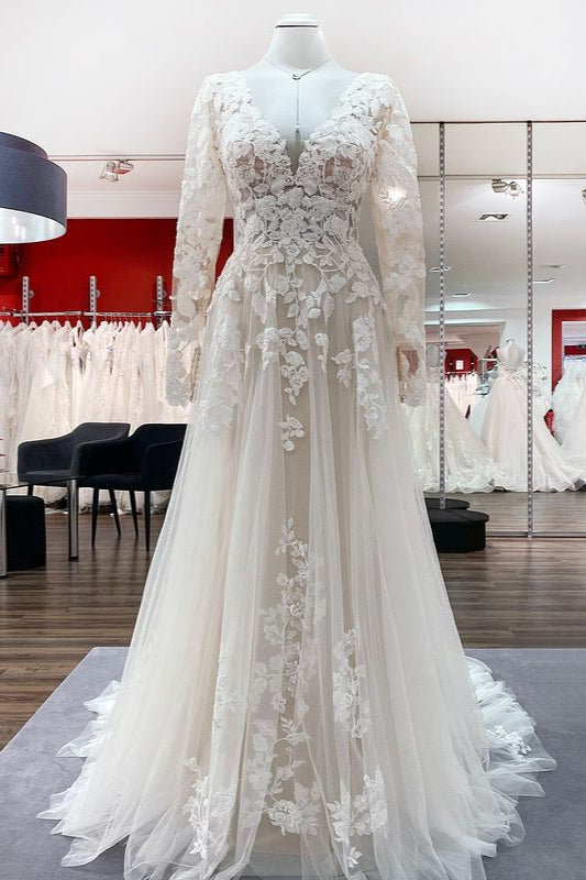 Ivory A-line Tulle Long Sleeves Lace Appliques Open Back Wedding Dresses-showprettydress