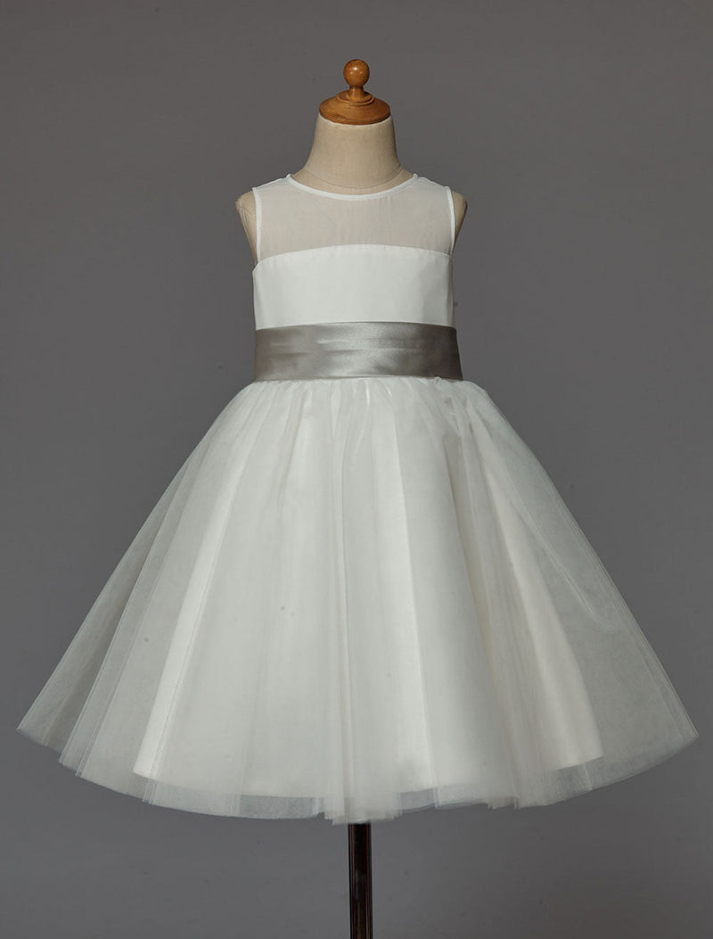 Ivory flower girl dress With Bow Sash Chiffon Satin-showprettydress