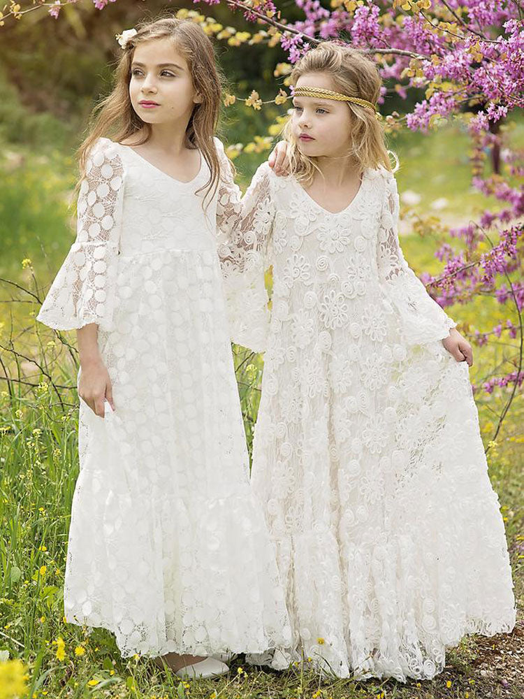 Ivory Jewel Neck Long Sleeves Lace Kids Party Dresses-showprettydress