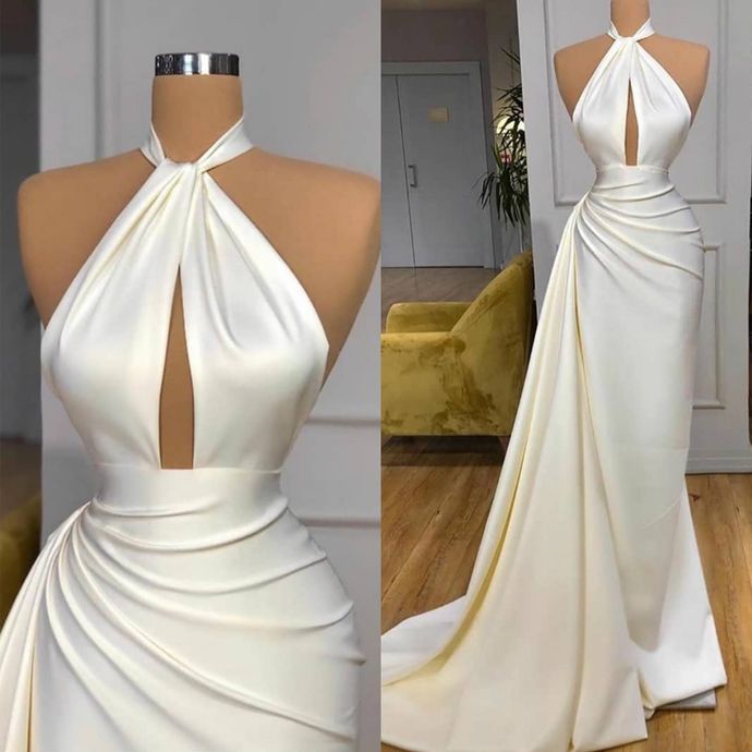 Ivory Mermaid Halter Long Evening Prom Dress With Split Detachable Train-showprettydress