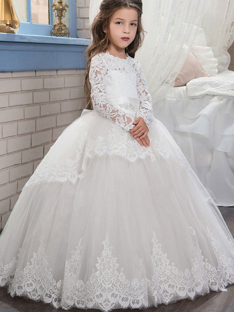 Jewel Neck Long Sleeves Sash Formal Kids Pageant flower girl dresses ...