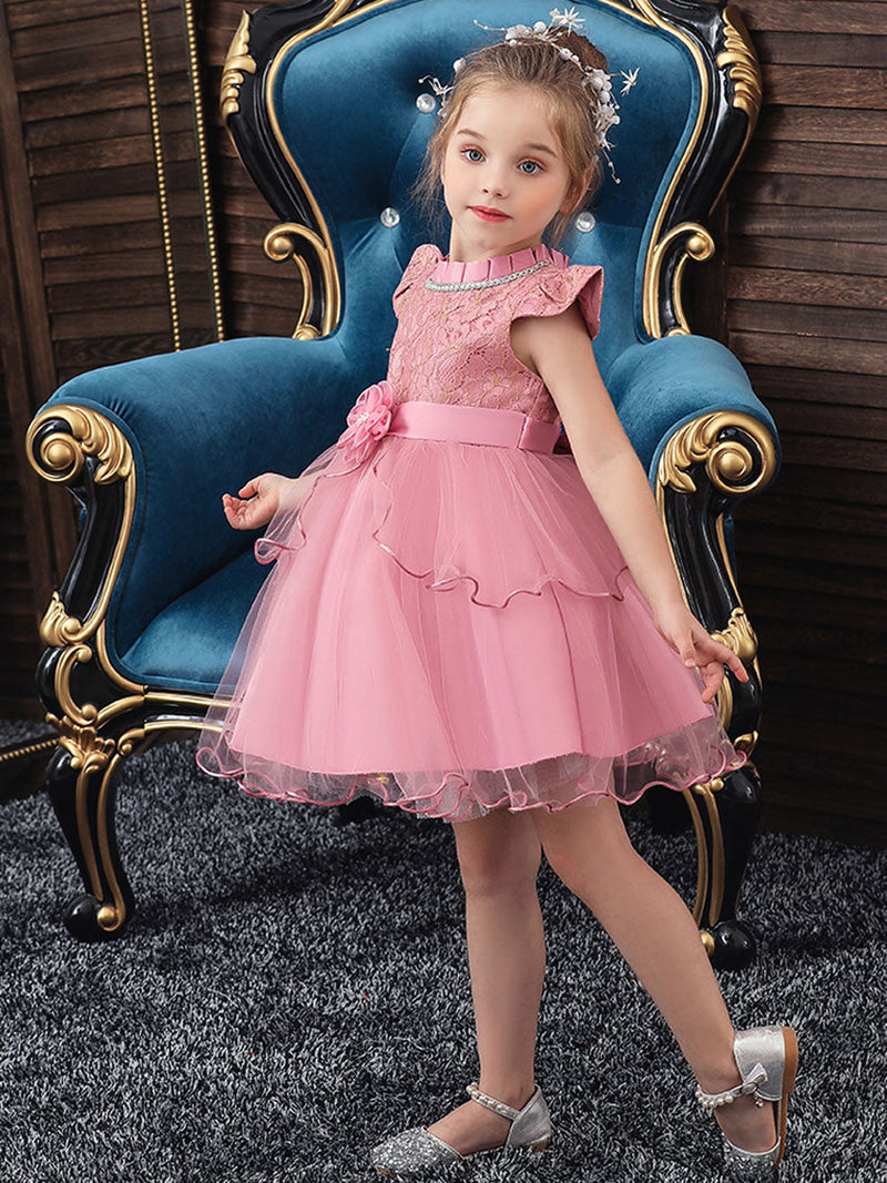 Jewel Neck Polyester Cotton Sleeveless Short Princess Beaded Kids Party Dresses-showprettydress