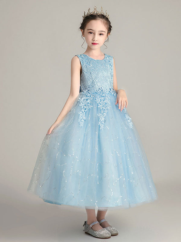 Jewel Neck Polyester Sleeveless Ankle Length Ball Gown Bows Kids Party Dresses-showprettydress