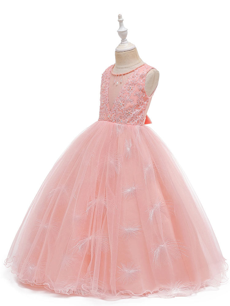 Jewel Neck Polyester Sleeveless Ankle-Length Bows Formal Kids Pageant flower girl dresses-showprettydress