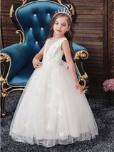 Jewel Neck Polyester Sleeveless Ankle-Length Bows Formal Kids Pageant flower girl dresses-showprettydress