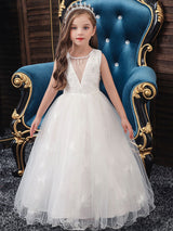 Jewel Neck Polyester Sleeveless Ankle-Length Bows Formal Kids Pageant flower girl dresses-showprettydress