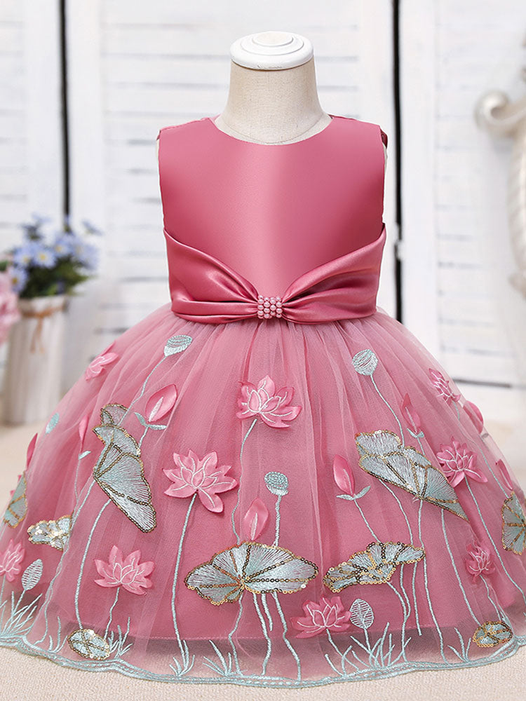 Jewel Neck Polyester Sleeveless Polyester Cotton Tulle Short A-Line Embroidered Kids Party Dresses-showprettydress