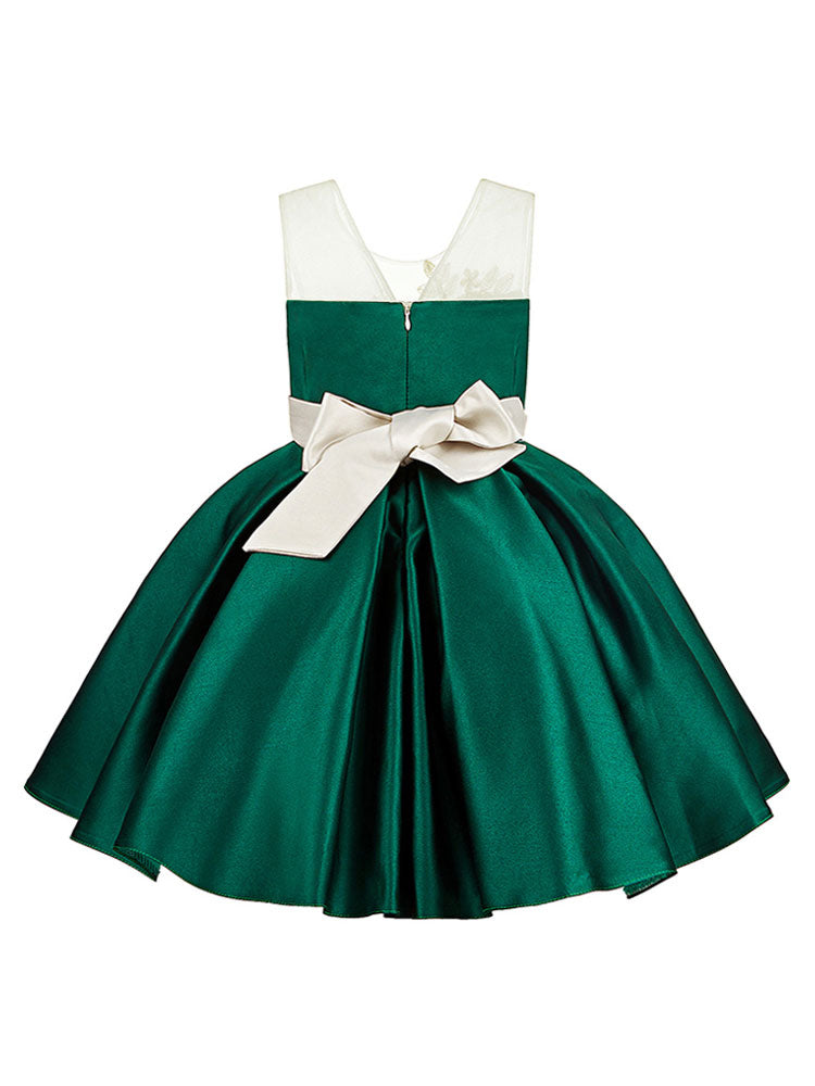 Jewel Neck Polyester Sleeveless Short Ball Gown Bows Kids Party Dresses-showprettydress