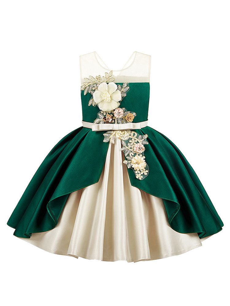 Jewel Neck Polyester Sleeveless Short Ball Gown Bows Kids Party Dresses-showprettydress