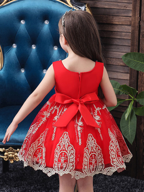 Jewel Neck Short Sleeves Bows Kids Social Party Dresses-showprettydress