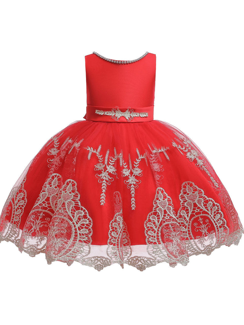 Jewel Neck Short Sleeves Bows Kids Social Party Dresses-showprettydress