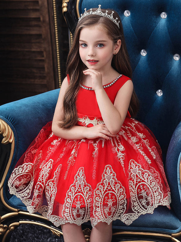 Jewel Neck Short Sleeves Bows Kids Social Party Dresses-showprettydress