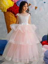 Jewel Neck Short Sleeves Tiered Kids Pageant flower girl dresses-showprettydress